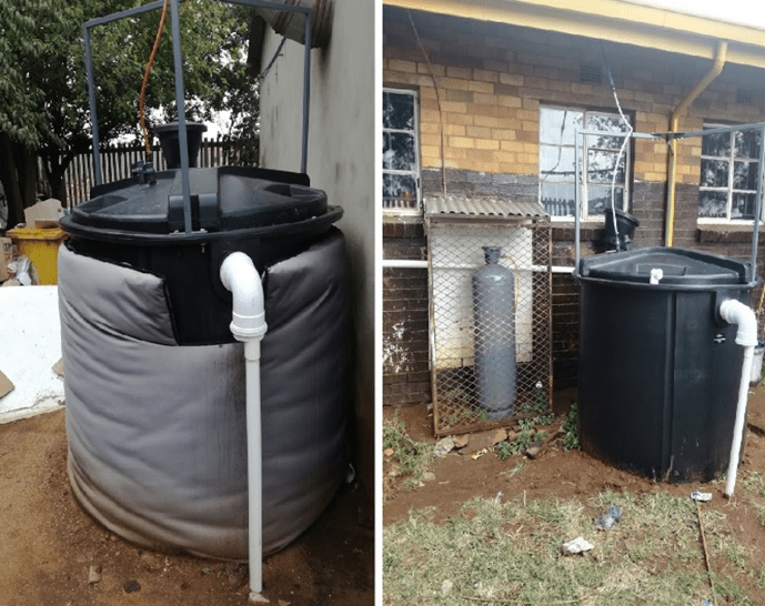 Biodigester gas piping frame and building connection point installed on-site.