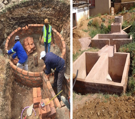 Waste-to-energy biodigester project: brick-lined fixed dome digester under construction (left) and completed concrete digester structure (right).