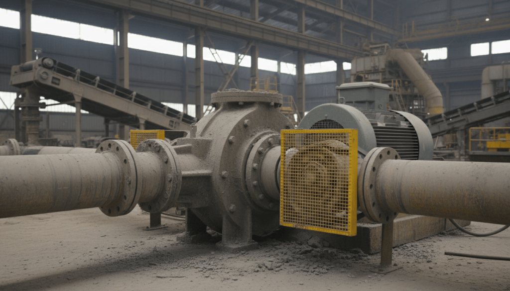 A worn slurry pump splashed with slurry on a concentrator plant floor