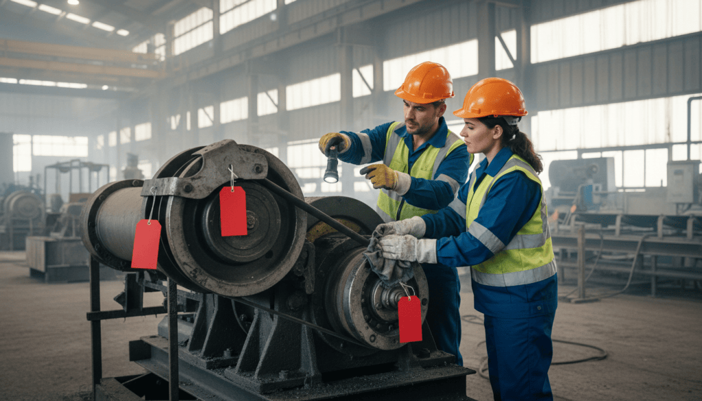 An operator and a technician cleaning a conveyor drive together, with red defect tags attached to the equipment