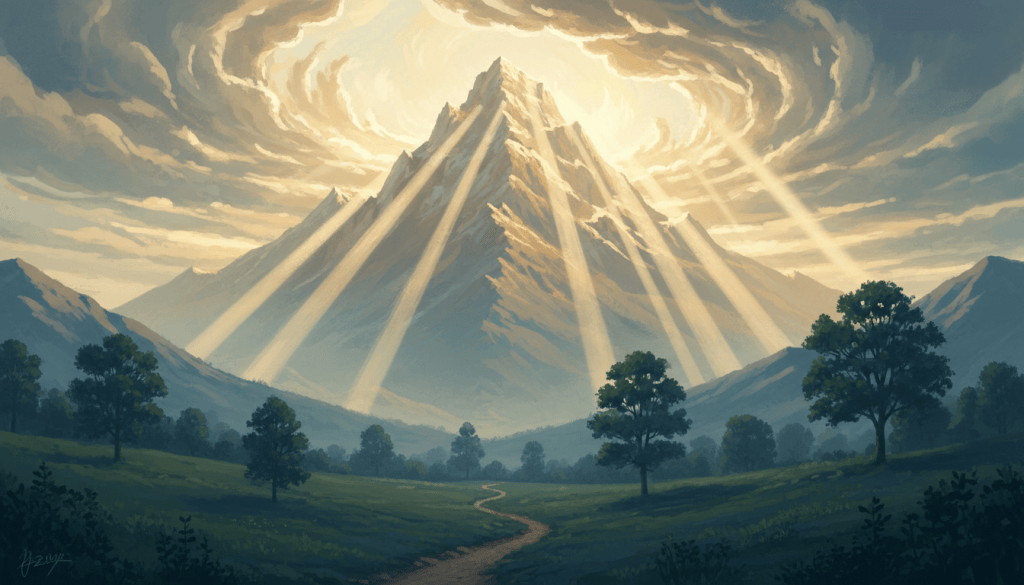 Sunlight breaking through clouds over a mountain summit, with a shadowed green valley below