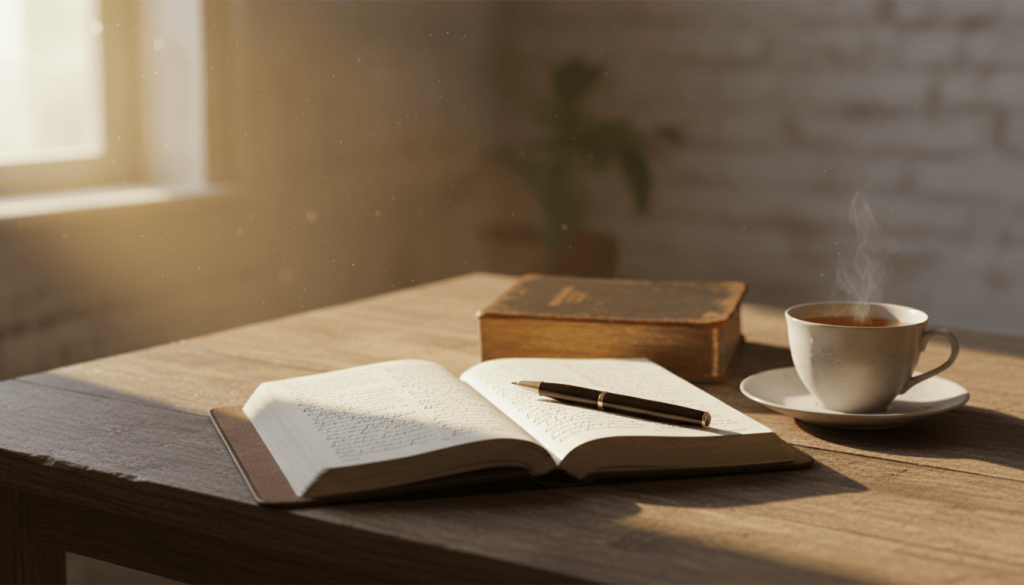 An open journal and pen beside an open Bible on a wooden table in warm window light