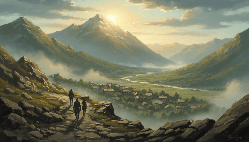 Three small figures walking down a mountain path toward a valley in morning light