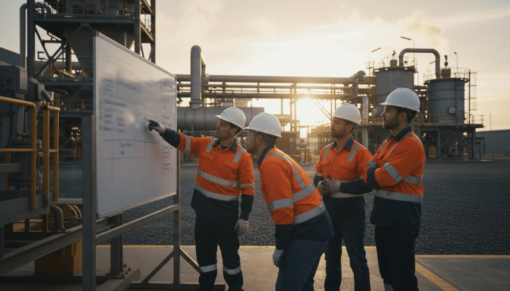 Operators and a maintenance technician holding a shift handover at an area board beside plant equipment