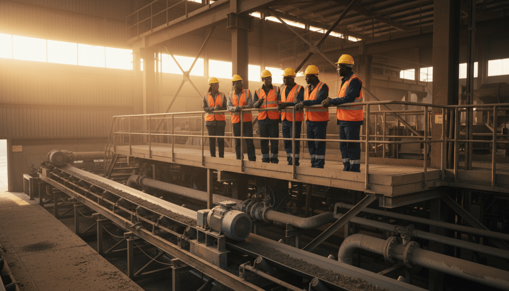 Operators and maintenance technicians in PPE standing together at a mineral processing plant