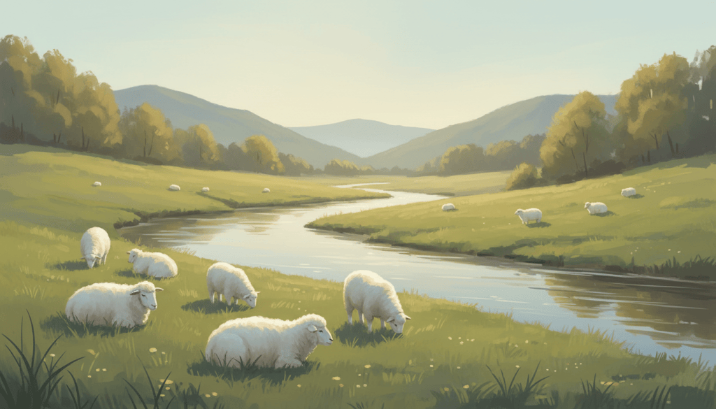 White sheep resting beside a calm stream in a green valley in soft morning light