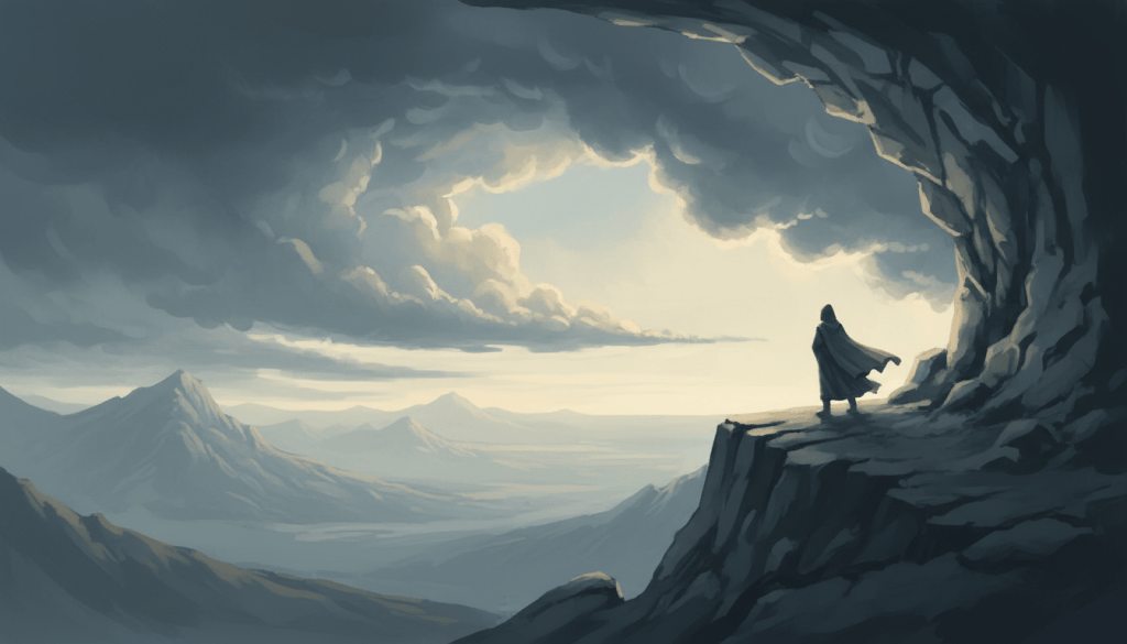 A lone figure at the mouth of a mountain cave as storm clouds clear behind him